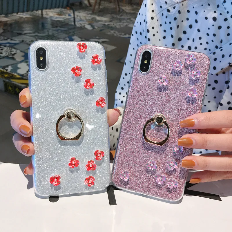 Luxury DIY Handmade Flower Cover for Huawei P8 P9 P10 Lite P20 P30 Pro Bling Glitter Finger Ring Flash powder Case |