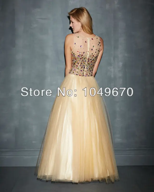 Trendy 2014 Spring Scoop Prom Dresses With Colorful Crystal Sheer Back Ball Gown Floor Length Masquerade Dress Party Girl N407 | Свадьбы и