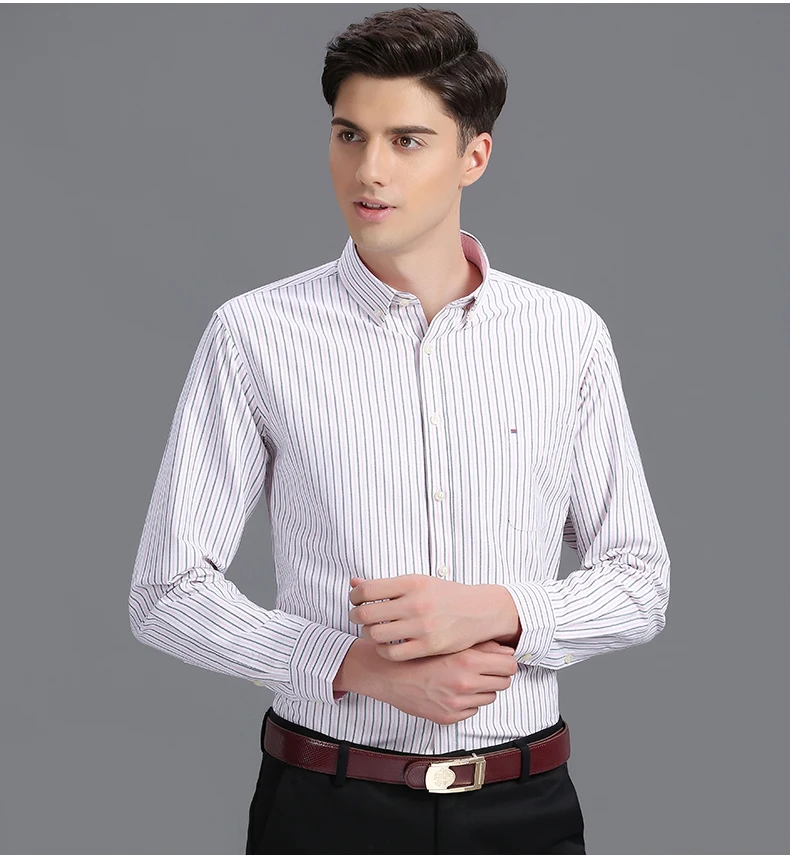 Mwxsd high quality Casual Mens Oxford Cotton Shirt Men Striped plaid wedding part Shirts male slim fit non iron Easy care shirt