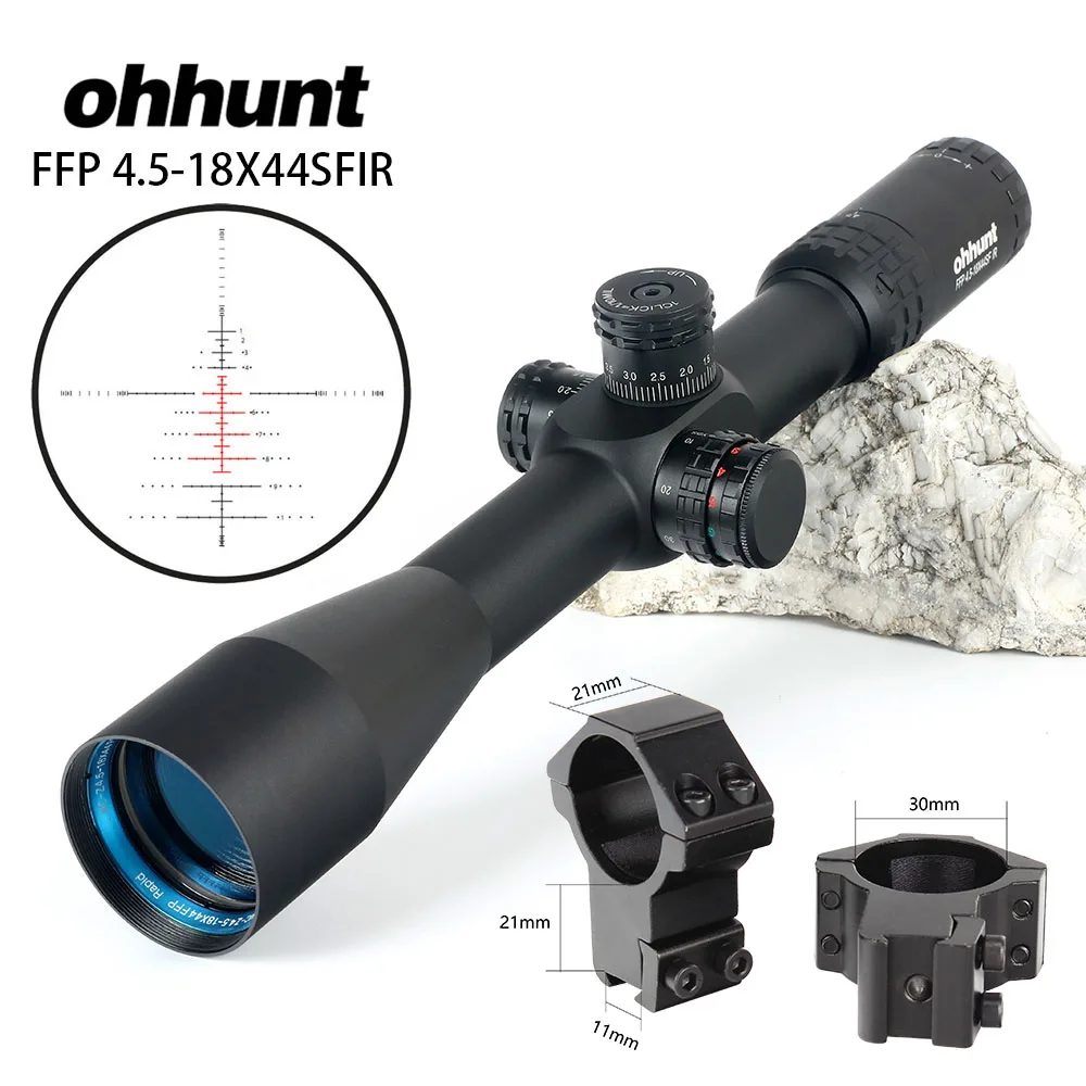 Ohhunt FFP 4,5-18X44 SFIR первый фокальный самолет охотничий оптический прицел боковой Параллакс R/G СТЕКЛО гравированное сетка замок сброс область - Цвет: with Dovetail Rings
