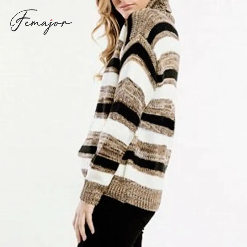 Femajor Women Autumn Winter Turtle Neck Sweater Female 2019 Fashion Stripe Knitted Tops Mujer Loose Long Sleeves Pullover Jumper | Женская