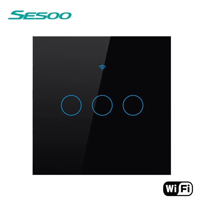 WIFI-EU-SK3-03 Black SESOO WI-FI умный сенсорный переключатель приложение Беспроводной дистанционного светильник настенный выключатель 3-Gang с украшением в виде кристаллов Стекло Панель работает с Alexa/Google Home - Цвет: WIFI-EU-SK3-03 Black