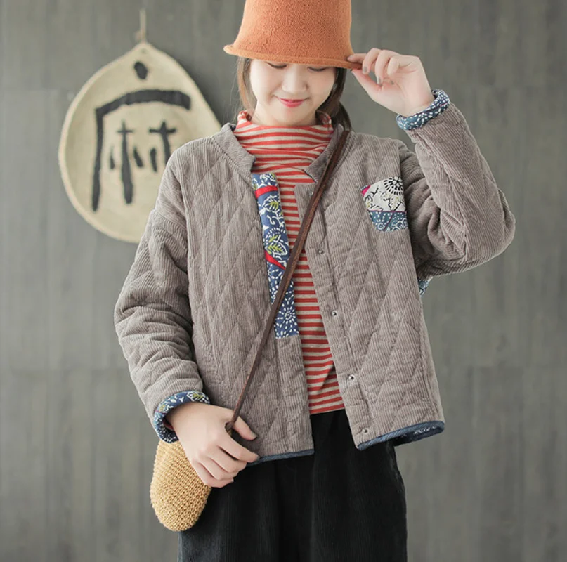 Женская Вельветовая куртка Pacthwork повседневная хлопковая парка в этническом