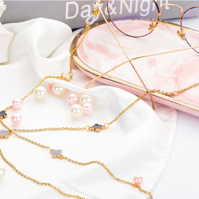 Gold Plated Titanium Steel Link Chain Clover Flower Eyeglasses Chains for Reading Glasses Cord Sunglasses Strap Holder Neck Band