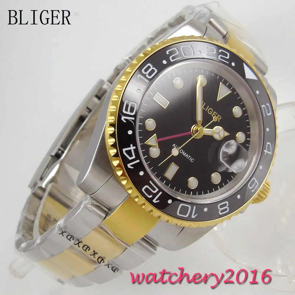 NEW 40mm Bliger Sapphire glass black dial Deployment Bracelet Date GMT Automatic self wind Movement Men's Mechanical Wristwatch |