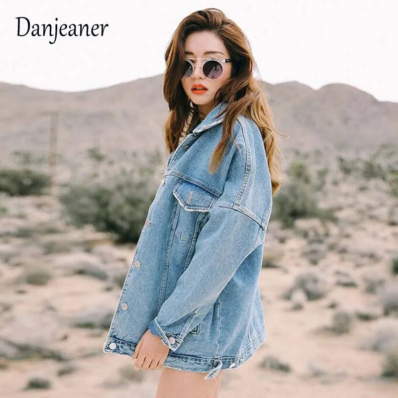 Женская джинсовая куртка Danjeaner Повседневная Свободная с отложным воротником и