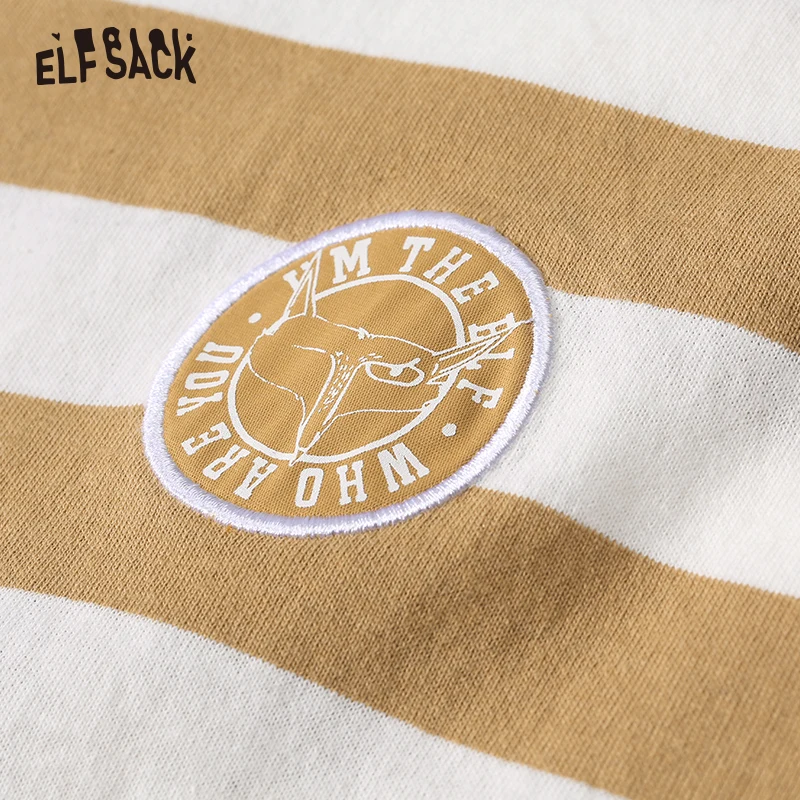 ELFSACK Хлопковая женская футболка в полоску цвета хаки, модная Милая женская футболка с вышитыми буквами, летний уличный сверхразмерный Топ