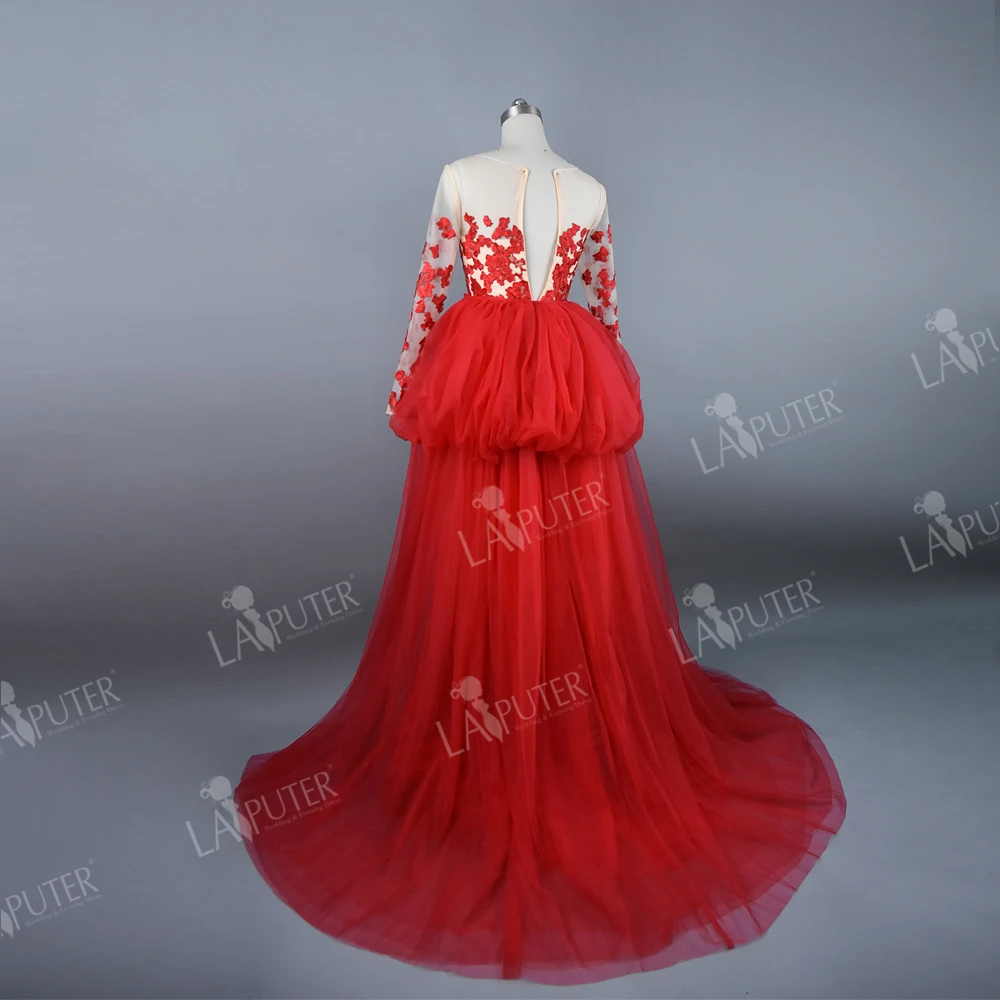 Real Photos Sheer O-neck Tulle Red Evening Dress with Puffy Removable Skirt Lace Applique Floor Length Prom Party Arabic | Свадьбы и