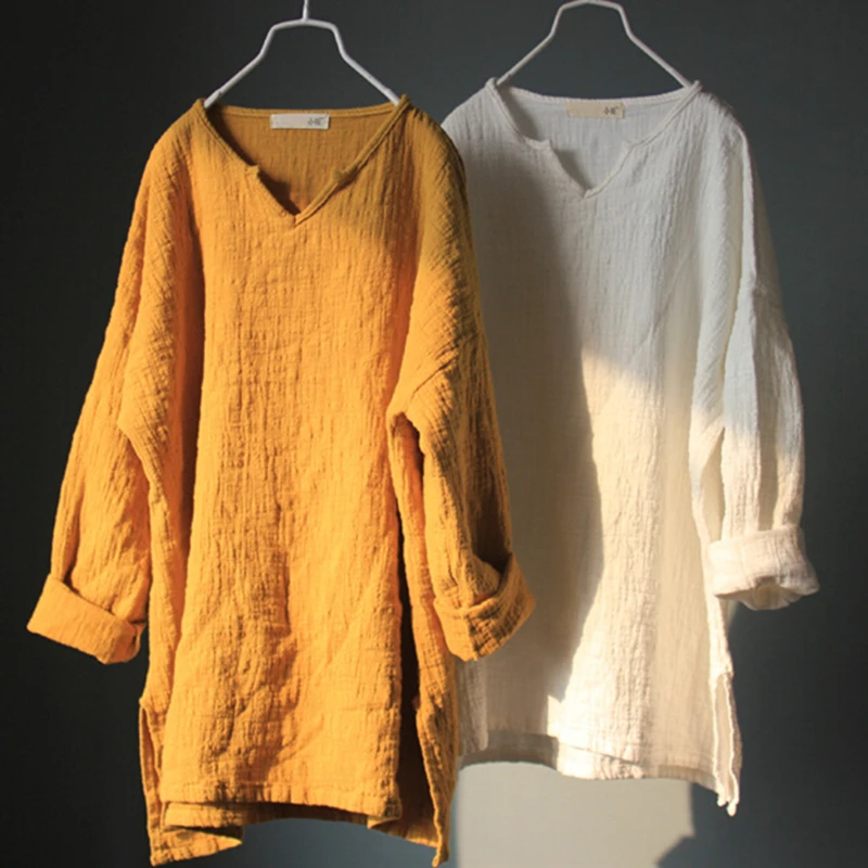 Женский двухслойный пуловер с V образным вырезом из хлопка и льна|women long sleeve|top