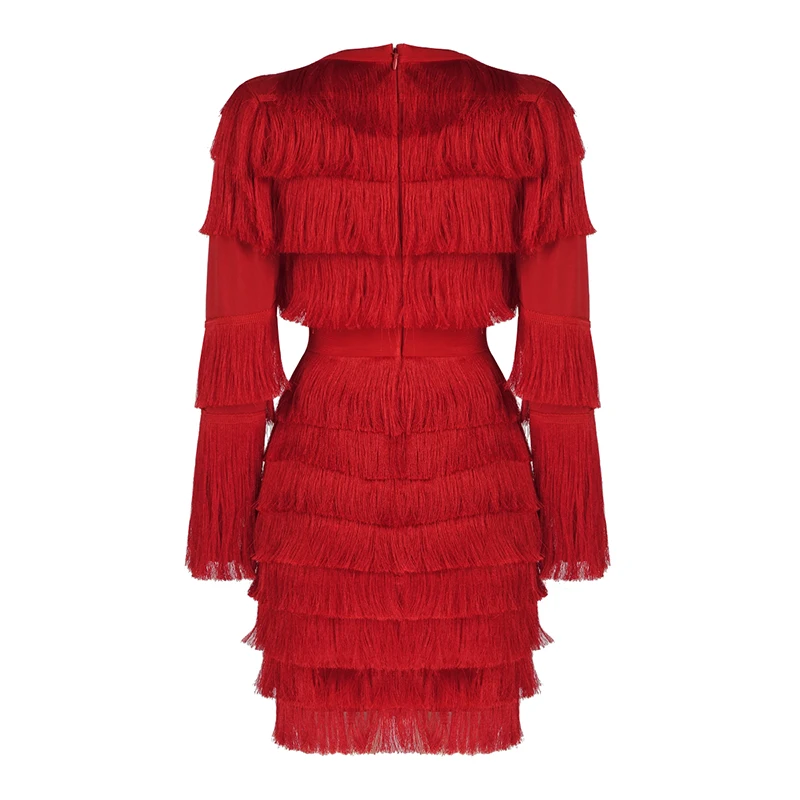 Женское Бандажное платье красное мини на молнии с длинным рукавом и v образным