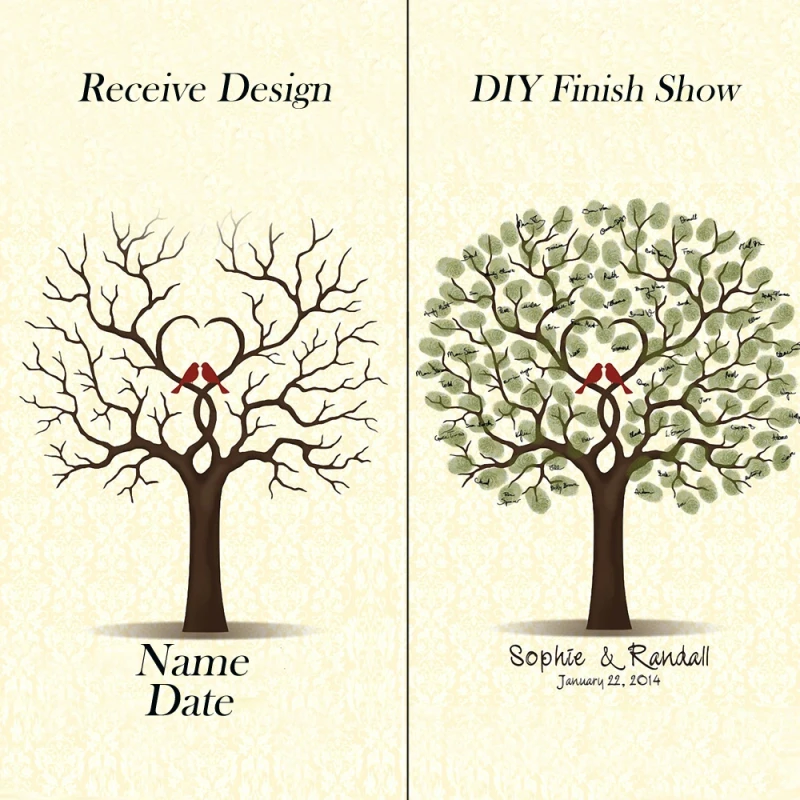 Свадебная Гостевая книга зеленый любят птицы дерево с отпечатками пальцев