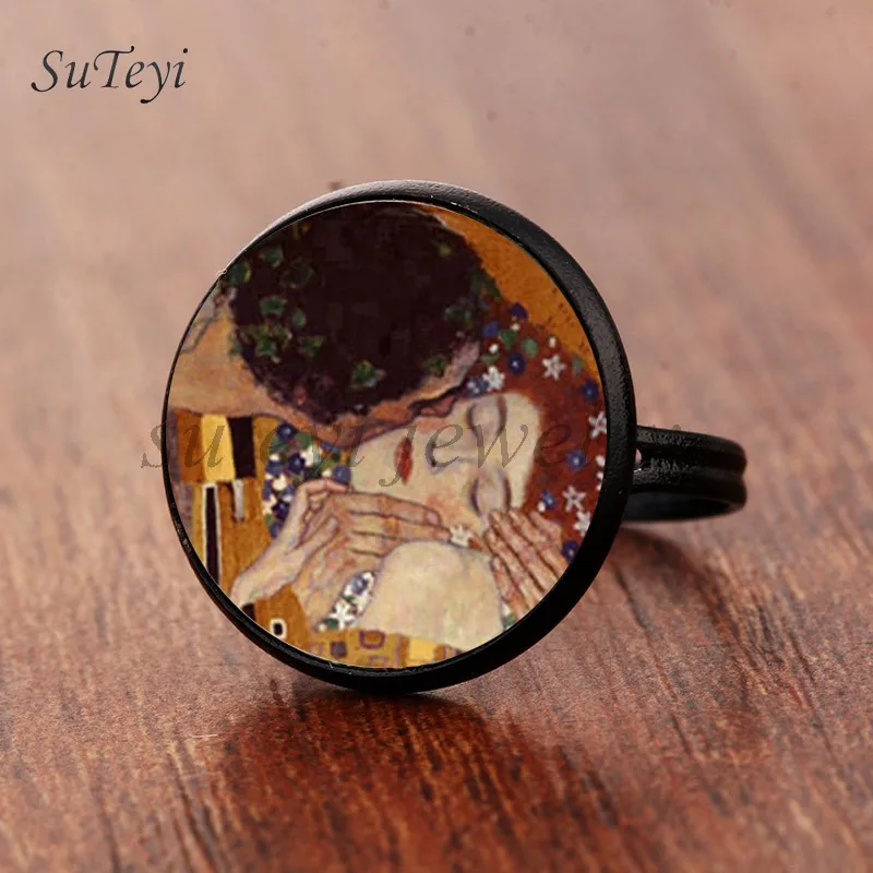 black Suteyi, модные Камея Kiss Klimt из стекла, художественное кольцо для фото, ювелирные изделия ручной работы, регулируемый размер, кольца, подарки для девочек - Цвет основного камня: black