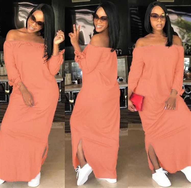 Женское длинное платье с открытыми плечами и вырезом лодочкой свободное модное