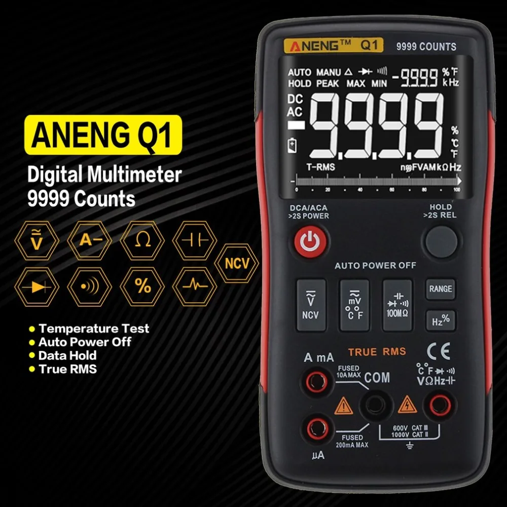 ANENG Цифровой мультиметр Q1 9999 отсчетов True RMS Авто/ручной диапазон AC/DC Вольт Ампер Ом