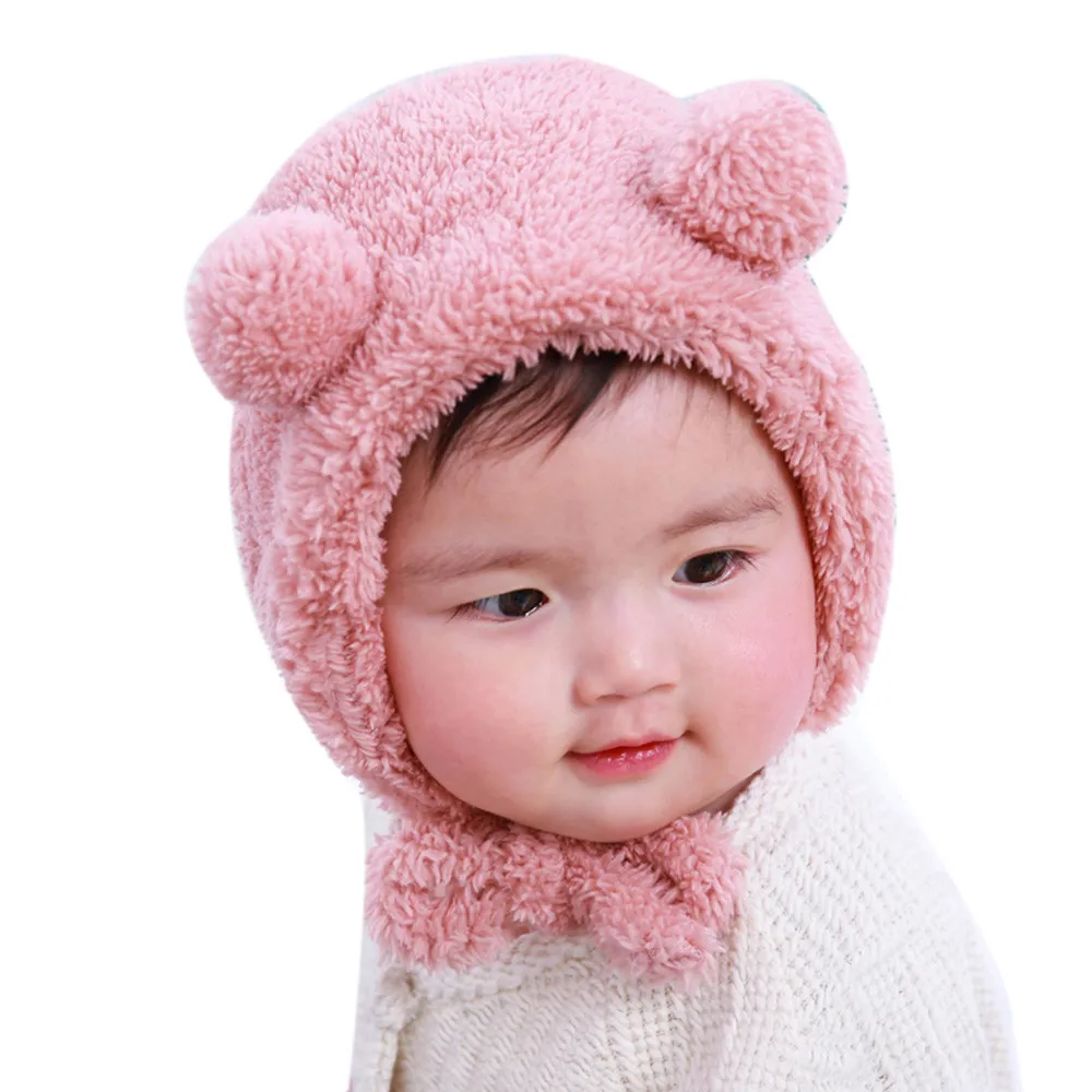 Pink Детская шапка, Детские однотонные кепки для маленьких девочек и кепки для мальчиков и шапки, зимняя шапка для новорожденных, Шапки для малышей с милым медведем, шапки для мальчиков и девочек, шапка s - Цвет: Pink