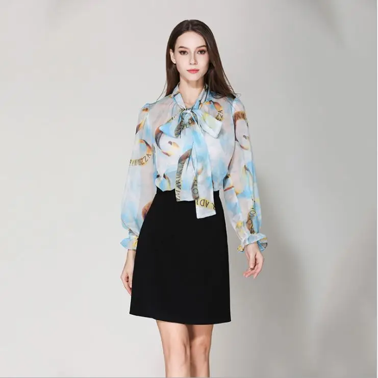 Женская модельная рубашка с бантом на воротнике модная блузка длинными рукавами
