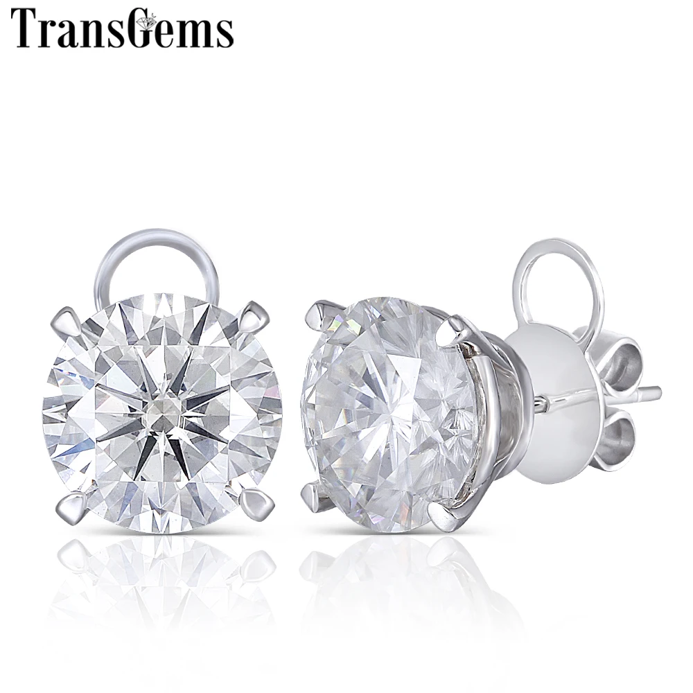 Серьги гвоздики с муасанитом Transgems большие размеры 18K 750 белые золотые 8CTW 4CT 10 мм