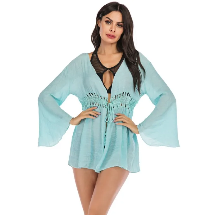 Стильные женские однотонные с длинным рукавом повязки высокой талией вязаное