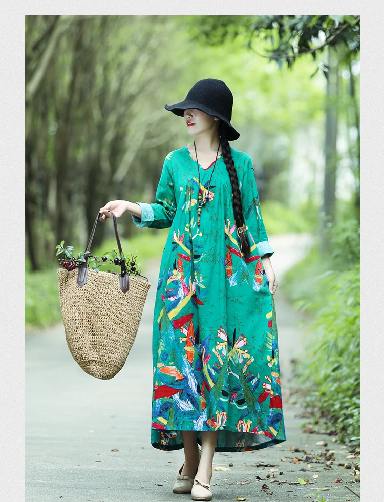 Plus Size Women Vintage Dress Summer Autumn Sundress Cotton Linen Vestidos Lady Long Dresses Print Floral Loose Casual Dress