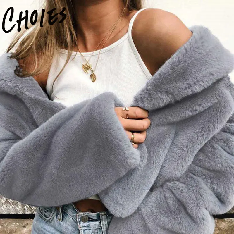 Серый с лацканами длинным рукавом Chic Для женщин пушистый пальто 2018 Новинка зимы