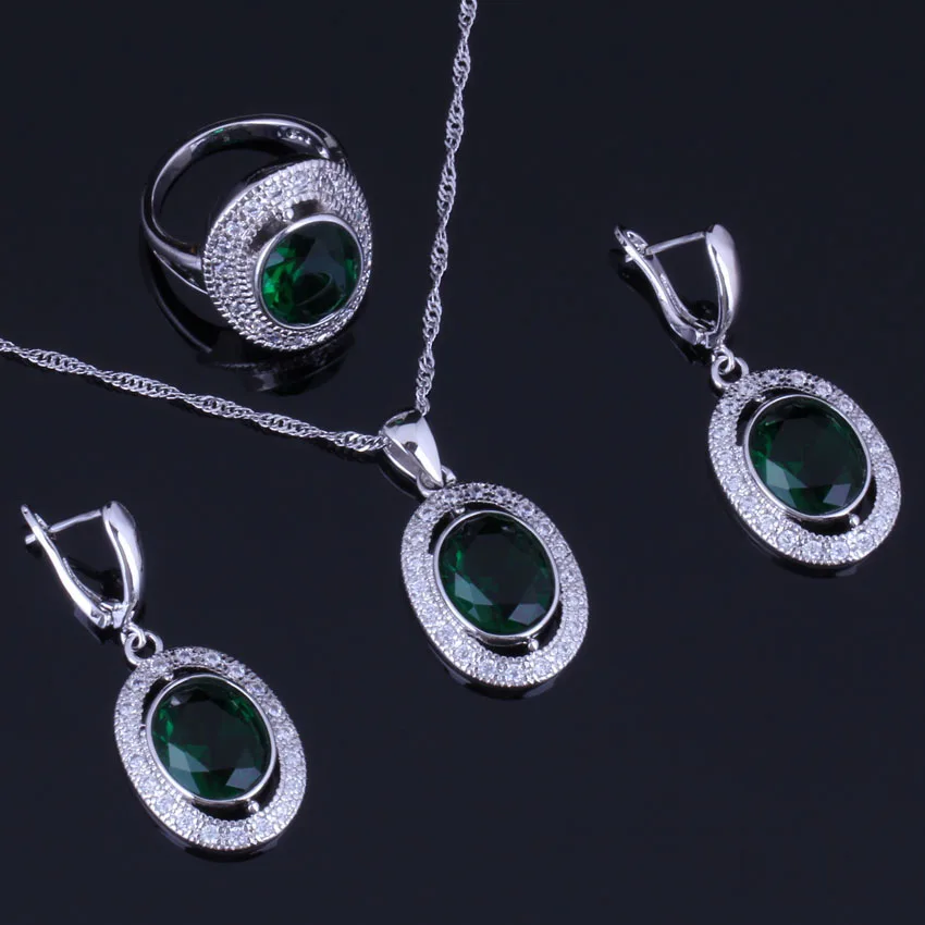 

Gorgeous Oval Green Cubic Zirconia White CZ Silver Plated Jewelry Sets Earrings Pendant Chain Ring V0987