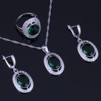 gorgeous oval green cubic zirconia white cz silver plated jewelry sets earrings pendant chain ring v0987