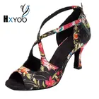 Женские туфли для латиноамериканских танцев HXYOO, черные туфли для бальных танцев, Женская атласная обувь с мягкой подошвой и красными цветами, WK016