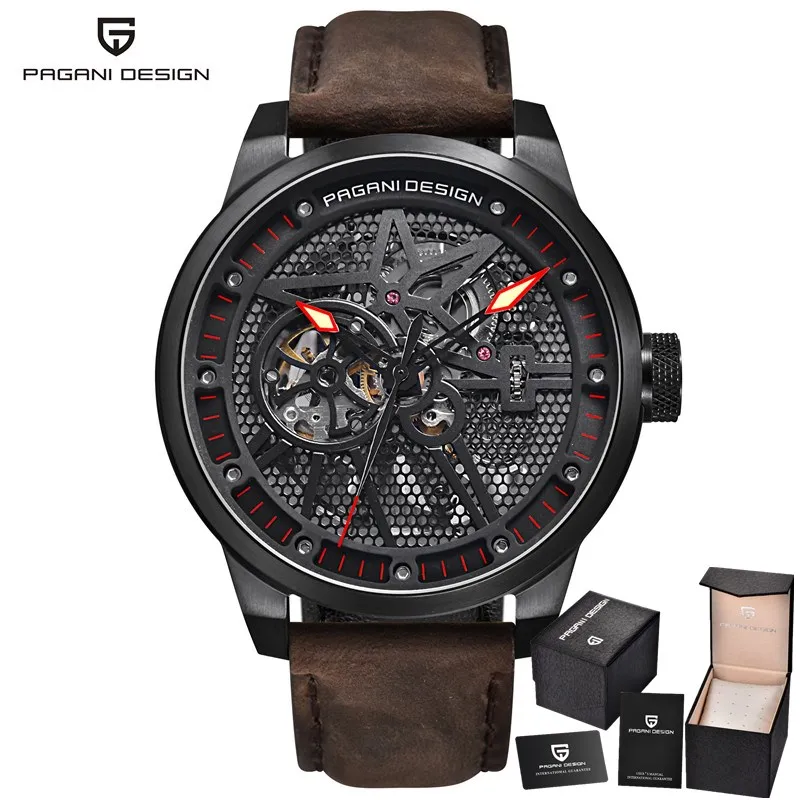 black red PAGANI Дизайн Модные Роскошные Брендовые Часы мужские кожаные спортивные механические Автоматические водонепроницаемые часы Relogio Masculino - Цвет: black red