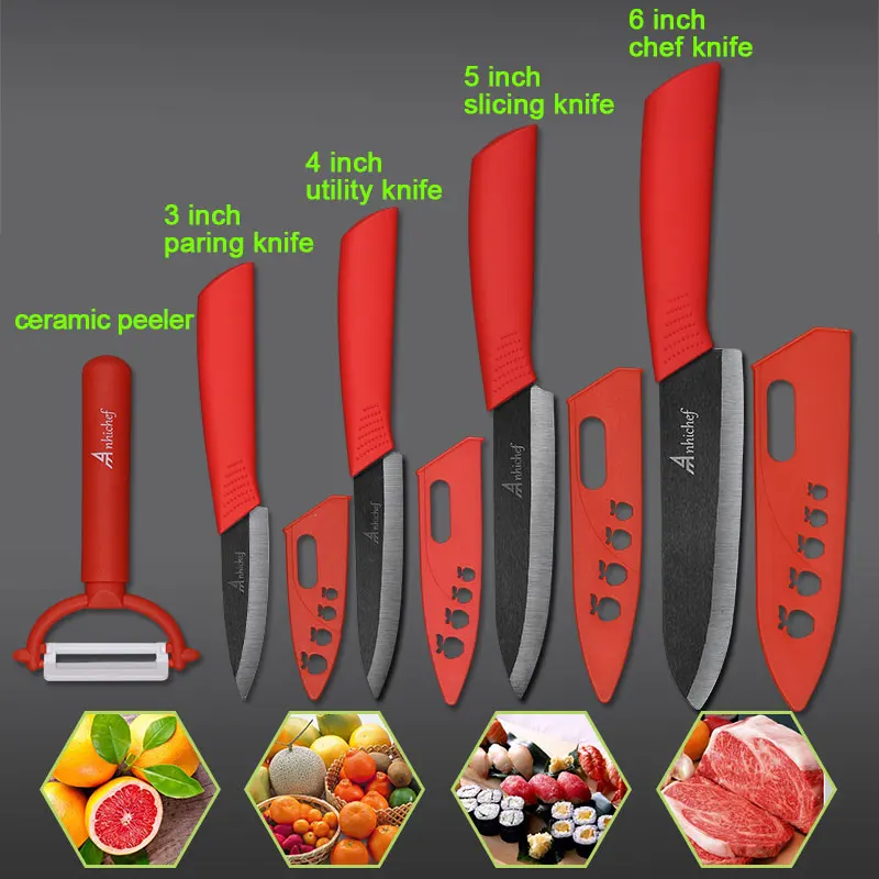 4 Red Knife Set Кухонный нож, керамический нож, набор для приготовления пищи " 4" " 6" дюймов+ Овощечистка, черное лезвие, нож для очистки овощей и фруктов, нож для шеф-повара, кухонные инструменты - Цвет: 4 Red Knife Set
