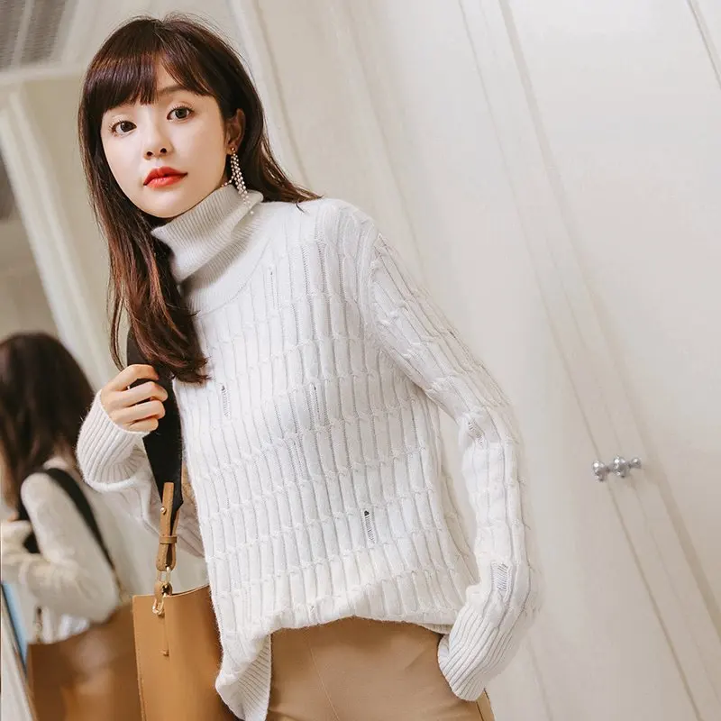 Для женщин повторяющийся кабель вязать Pattren рваные Ribbed Turtleneck толстый свитер
