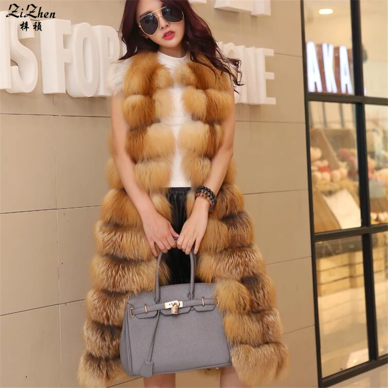 Новые длинные из натуральной серебро и красный жилет меха лисы для Для женщин