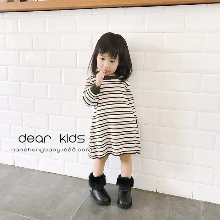 Ins/платье для девочек в полоску вязать Платья-свитеры Новинка 2017 года Корейский