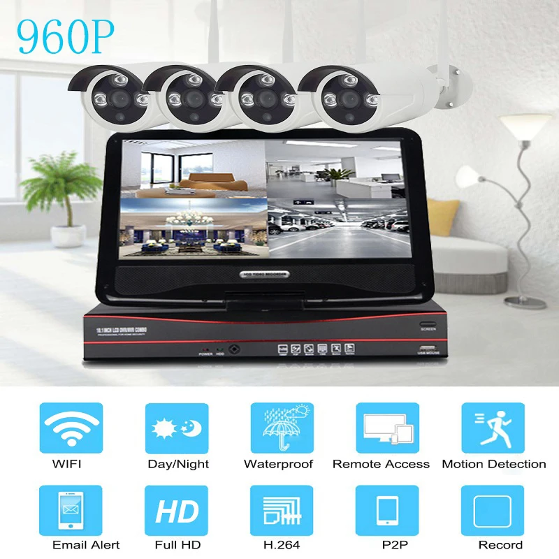 IMPORX 4CH 960P VideCam Беспроводной NVR комплект с 10 &quotЖК P2P IR CUT открытый Wifi IP CCTV камеры HD 1.0MP