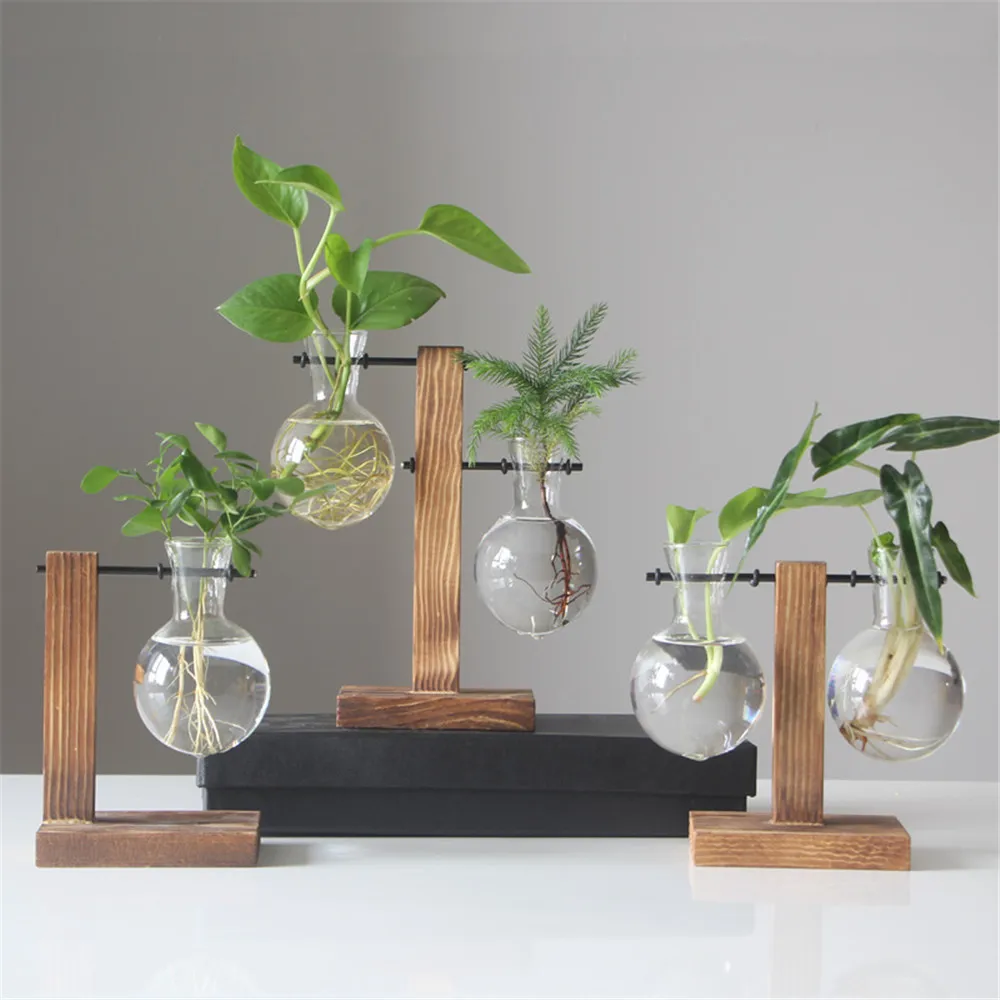 Glass and Wood Vase Planter Terrarium Table Desktop Hydroponics Plant Bonsai Flower Pot Hanging Pots with Wooden Tray Home Decor | Дом и сад