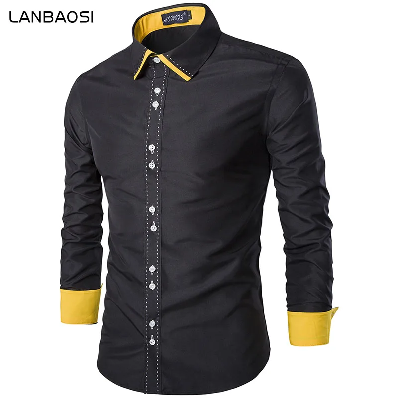 LANBAOSI Новая осень Для мужчин Рубашка Тонкий Встроенная Цвет блок футболки с