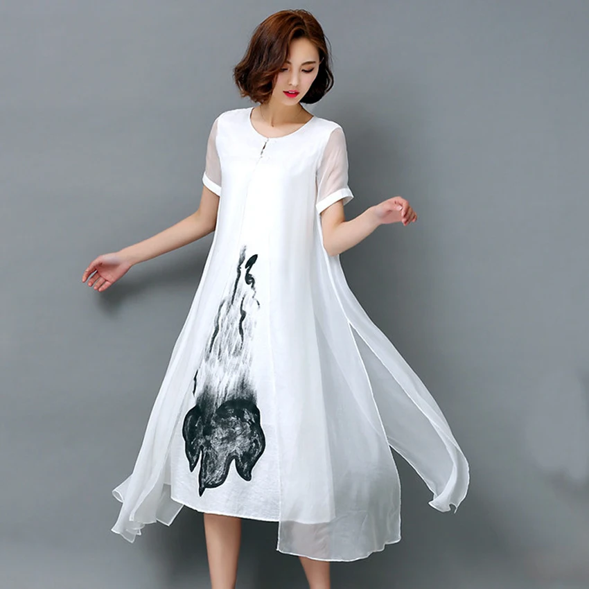 Плюс размеры 4XL Платья для женщин летние Винтаж женское платье белый печатных