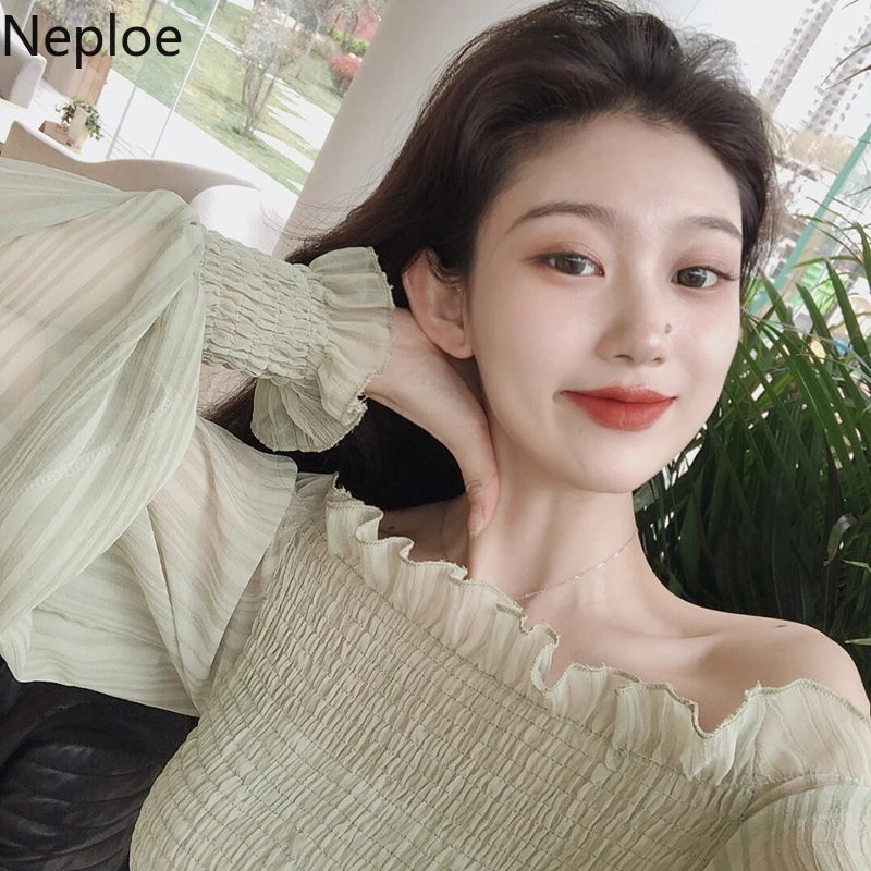 Женская блузка в гонконгском стиле Neploe шифоновая с вырезом лодочкой и