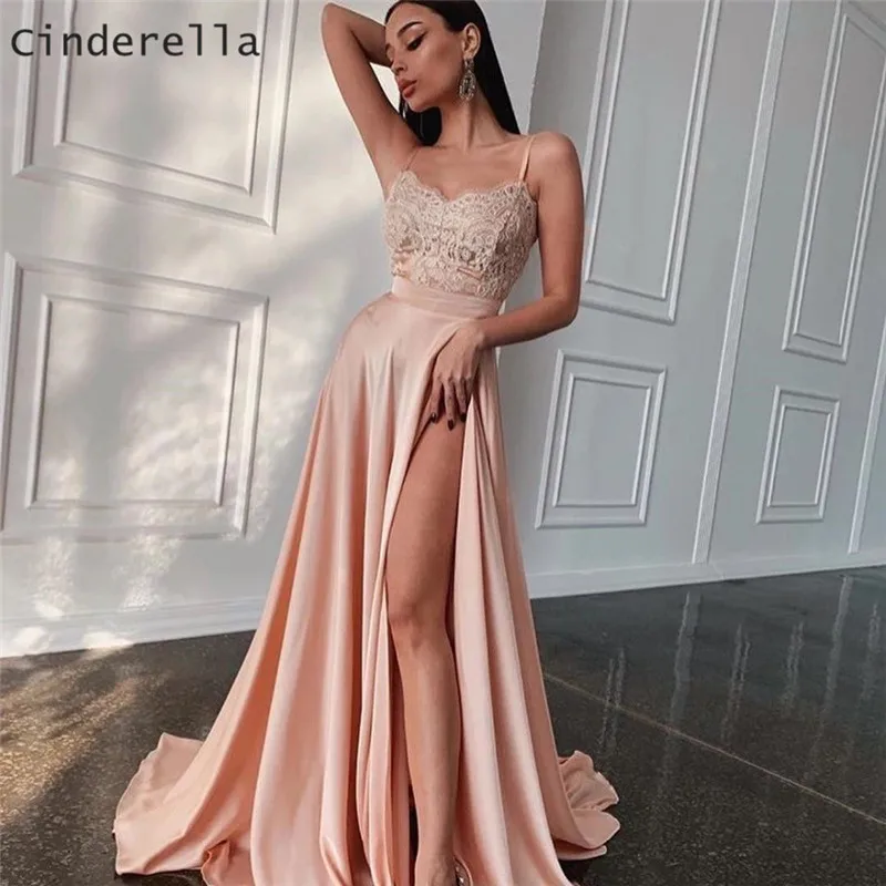

Cinderella Sweetheart Spaghetti Straps Floor Length A-Line Side Slit Silk Lace Applique Satin Evening Dresses Prom Evening Gowns