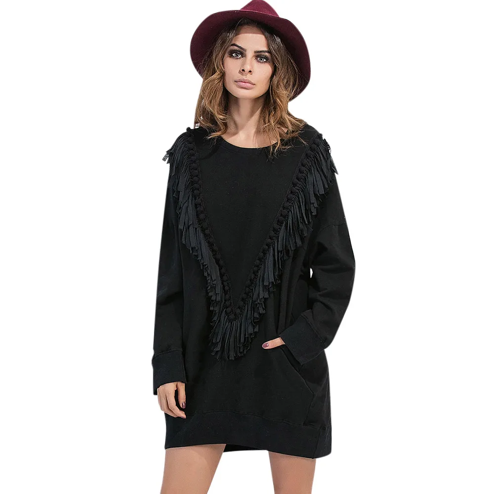 VESTLINDA черный свитер платье для женщин о образный вырез кисточка бахрома туника