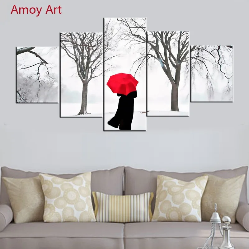 5 панелей отдельные женщины ходьба зимой настенные картины для гостиной фото на