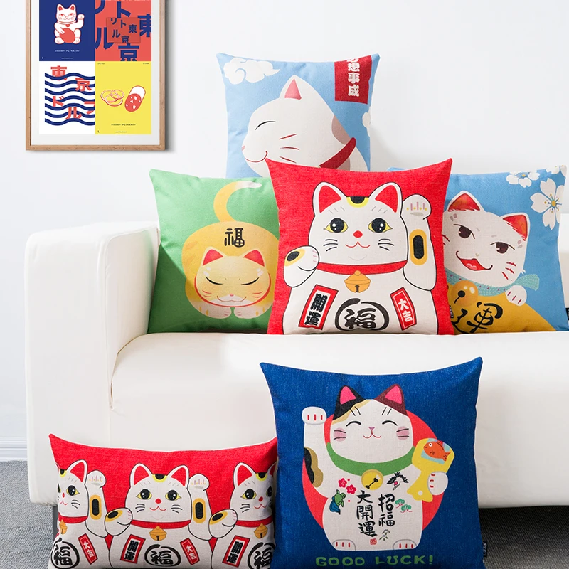 Японская наволочка Lucky Cat с цифровым принтом Классические Мультяшные подушки Мяу