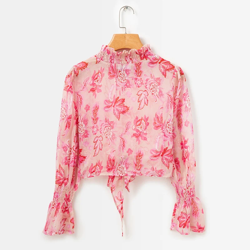 ShejoinSheenjoy Boho Цветочный принт шифоновая блузка с расклешенными рукавами осень