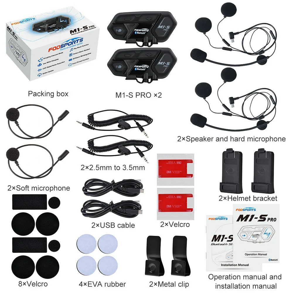 Fodsports 2 шт M1-S Pro мотоциклетный шлем Интерком bluetooth шлем гарнитура 8 rider 2000 м группа BT переговорные