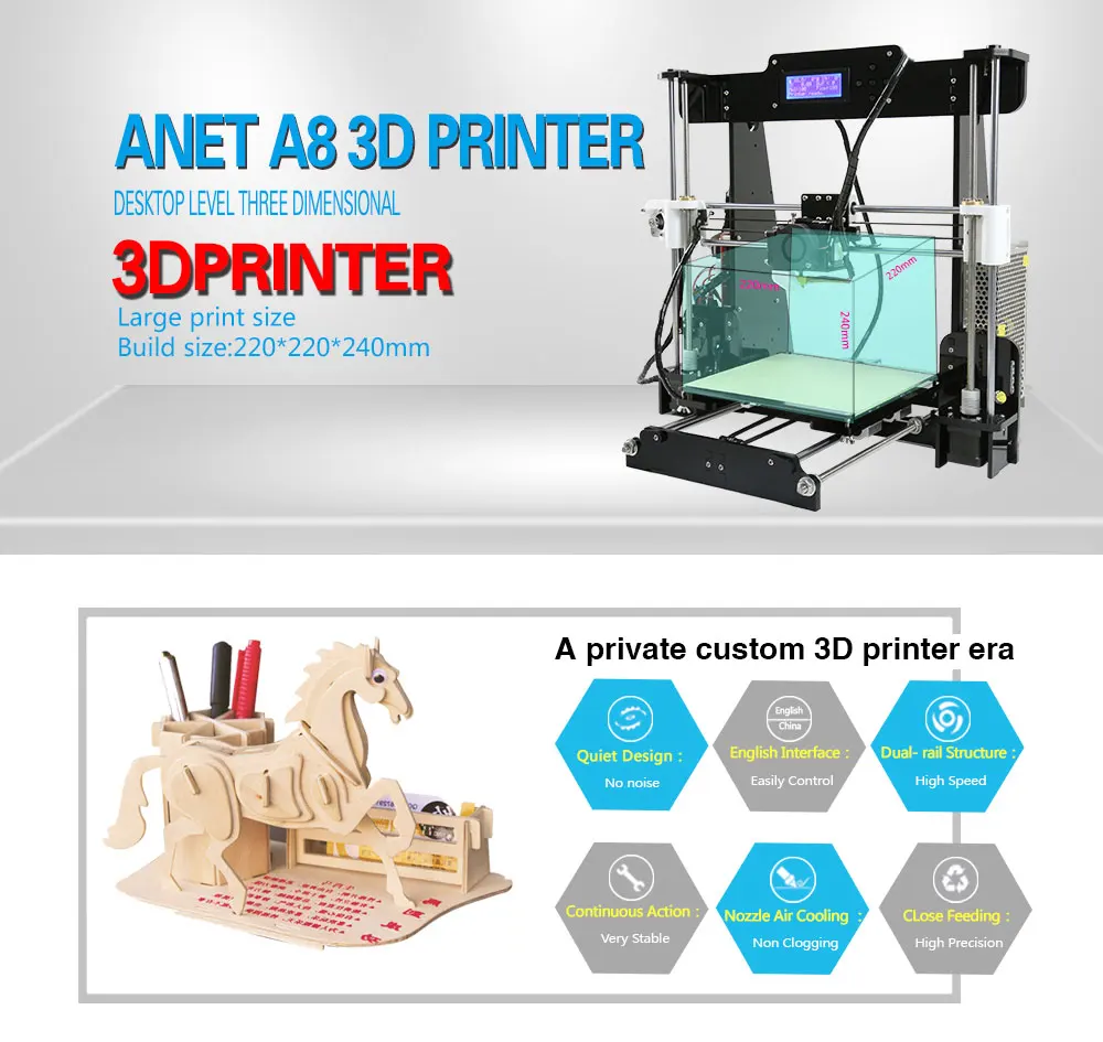 Горячая с фабрики Anet A8 Cura настольный 3d принтер с sd-картой 2004 lcd низкая шумная Высокая точность с sd-картой печати 220*220*250 мм