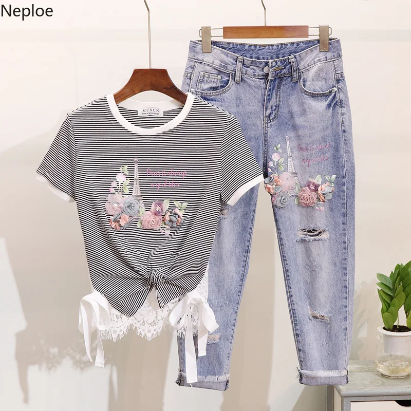 Neploe/женский комплект 2 шт. Лето 2019 г. полосатые кружевные лоскутные Футболки с