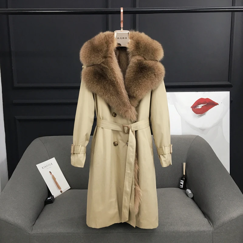 Хаки Rf0328 пальто с натуральным мехом, Женский Тренч, подкладка из натурального Лисьего меха, двубортное пальто с длинным рукавом из лисьего меха - Цвет: Хаки