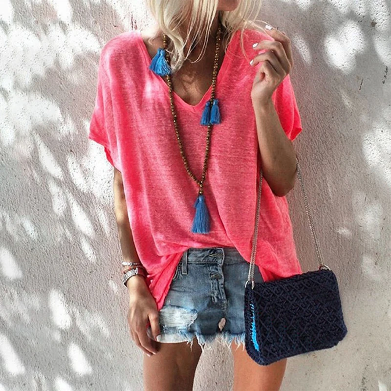 Женская свободная футболка с V-образным вырезом коротким рукавом | одежда