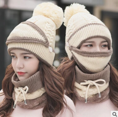 beige Осенне-зимняя женская вязаная шапка, шапки, теплый шарф, ветрозащитная многофункциональная шапка, шарф, набор для женщин - Цвет: beige