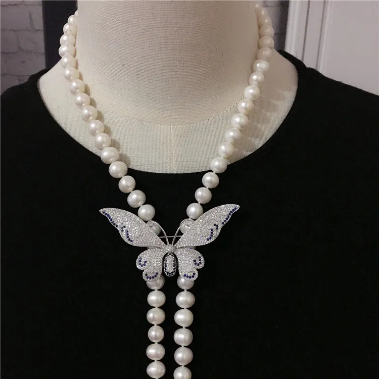 Hand knotted 7-8mm nearly round natural white freshwater pearl necklace long sweater chain butterfly accessories fashion jewelry | Украшения