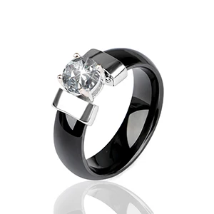 Black Silver Стиль 6 мм керамические кольца черно-белое кольцо с кубическим цирконием для женщин золотые металлические гладкие Свадебные ювелирные изделия, обручальное кольцо - Main Stone Color: Black Silver